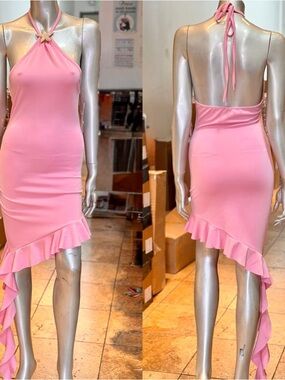 Halter Pink Midi Dress with Asymmetric Ruffle Hem